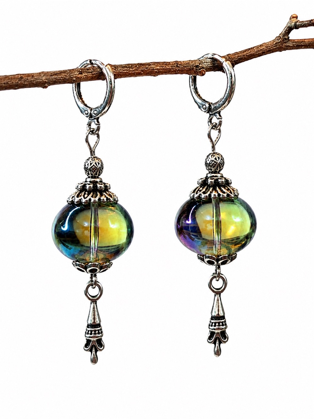 Iridescent Czech Glass Boho Earrings, Silver Dangle, MTO - Picture 8 of 11